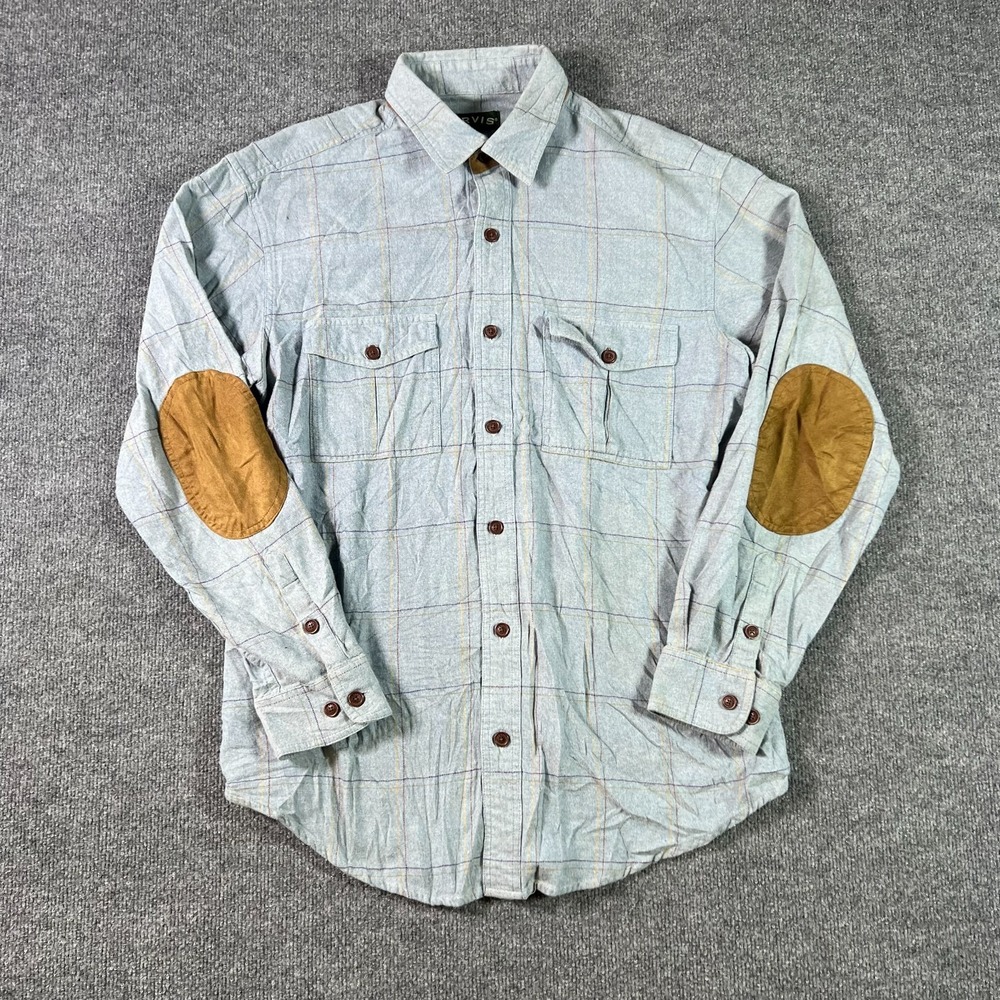 Orvis Flannel Shirt Men's Large Gray Windowpane Plaid Button Front Elbow Patches